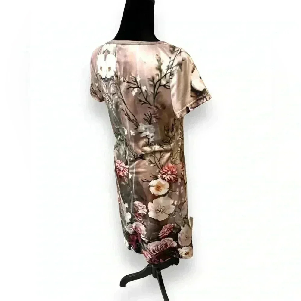 Women's V Neck Loose Dress Summer Khaki Floral Print Size Small T-shirt Dress - Picture 13 of 14